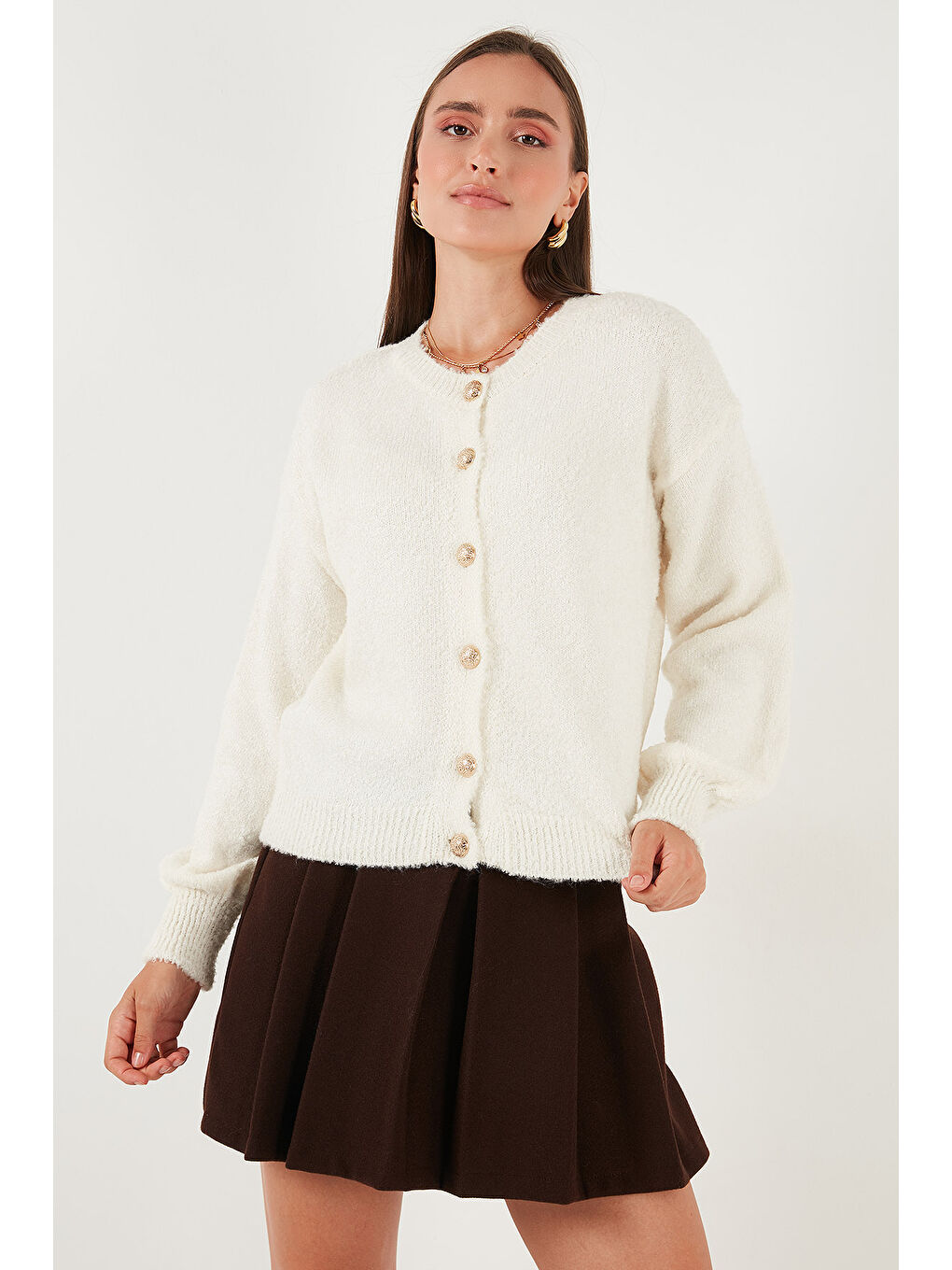 Ekru Premium Regular Fit Bisiklet Yaka Yumuşak Dokulu Hırka 680HI00147-2