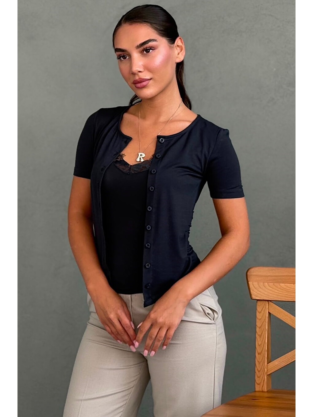 Lacivert Dantel Detaylı Slim Fit Kısa Kol Kadın Hırka Mg2710