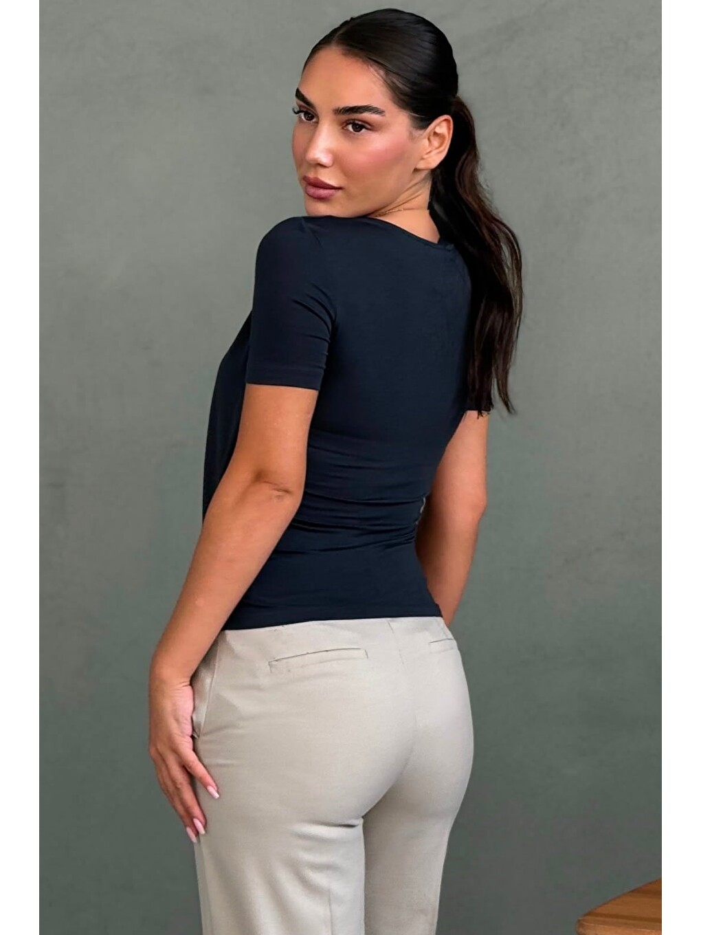 Lacivert Dantel Detaylı Slim Fit Kısa Kol Kadın Hırka Mg2710-1