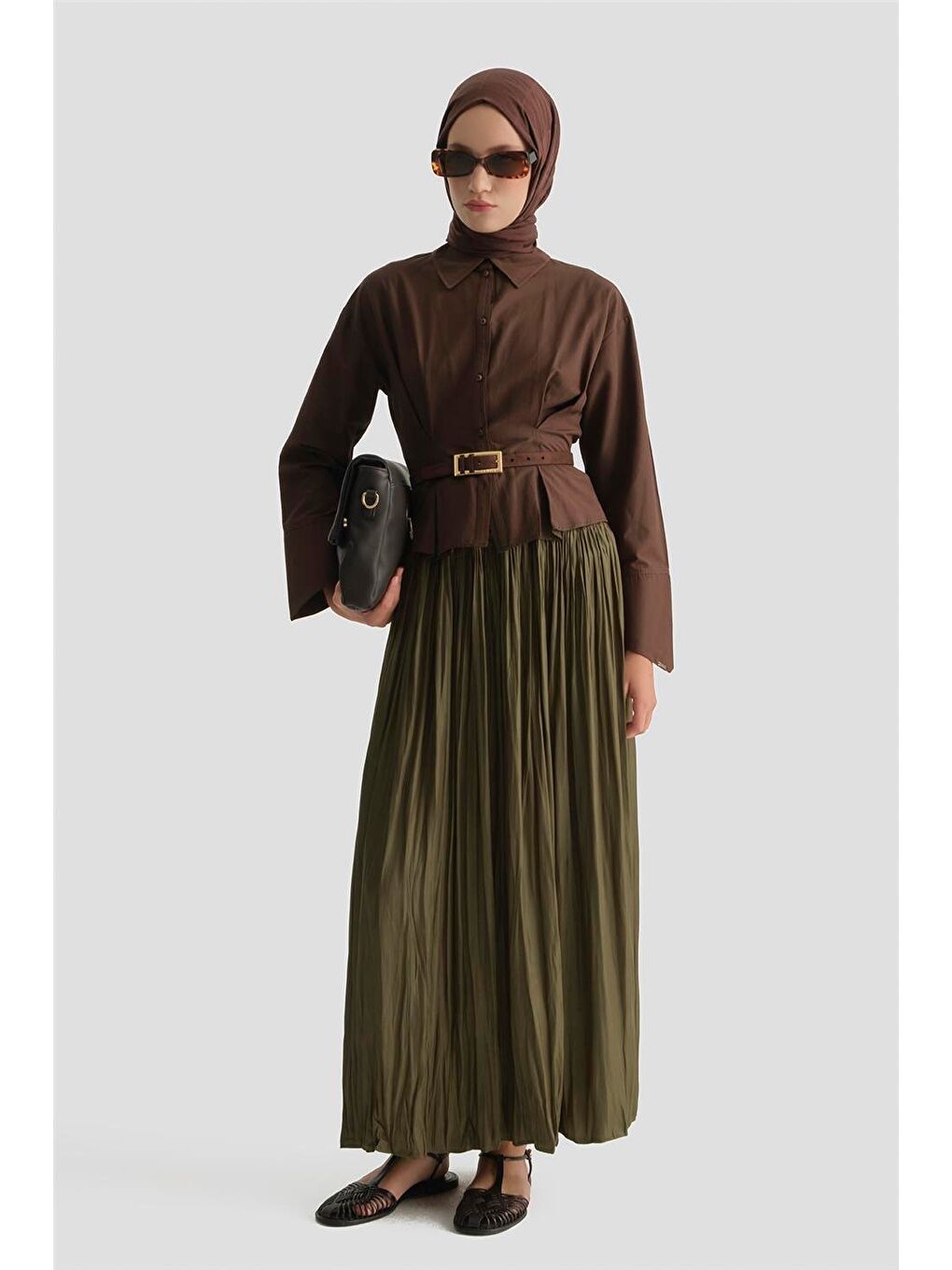 Kırışık Efektli Saten Etek Yağ Yeşili-1