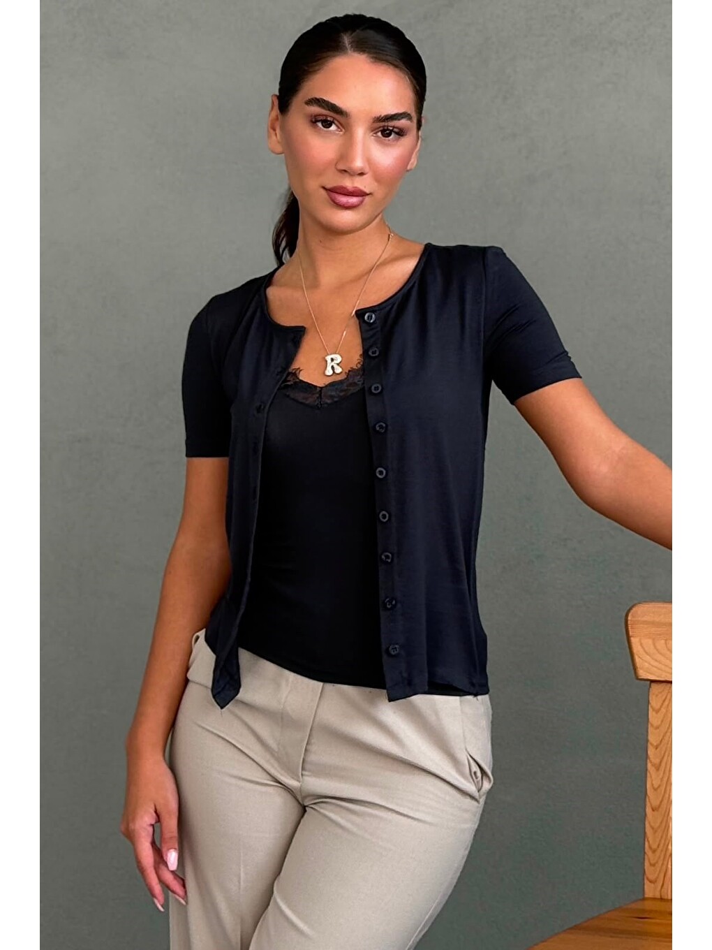 Lacivert Dantel Detaylı Slim Fit Kısa Kol Kadın Hırka Mg2710-3