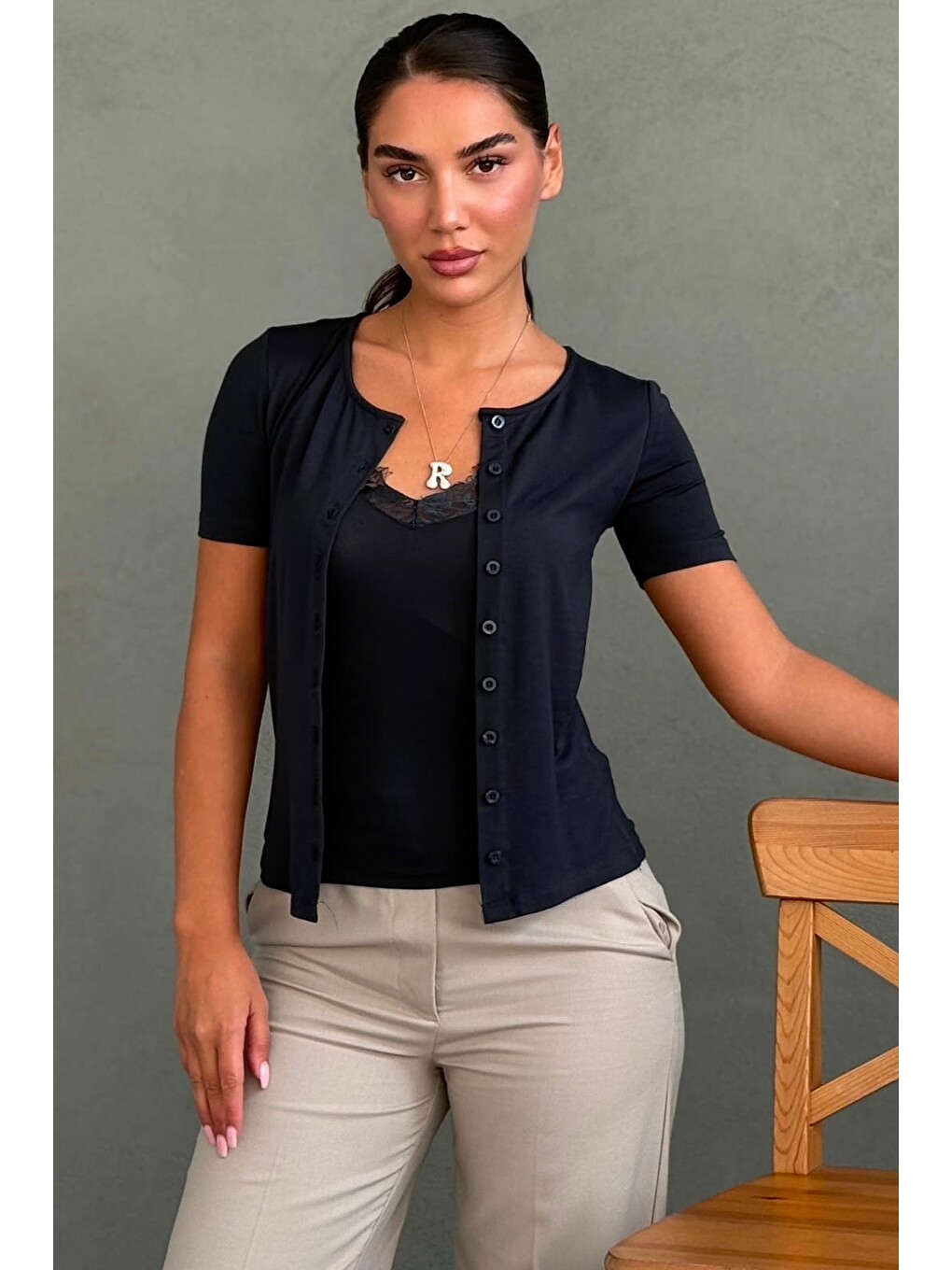 Lacivert Dantel Detaylı Slim Fit Kısa Kol Kadın Hırka Mg2710-4