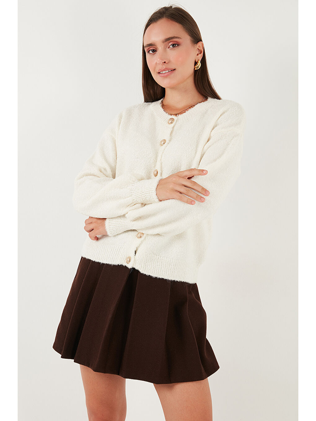 Ekru Premium Regular Fit Bisiklet Yaka Yumuşak Dokulu Hırka 680HI00147-3