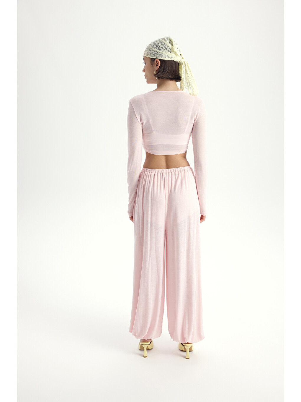 Vena Bağlamalı Pembe Crop Şalvar Pantolon Takım-4