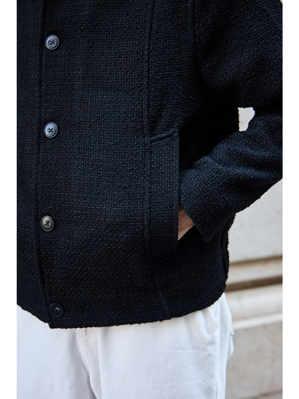 Erkek Tasarım Kumaş Teknik Mont Ceket Siyah-3