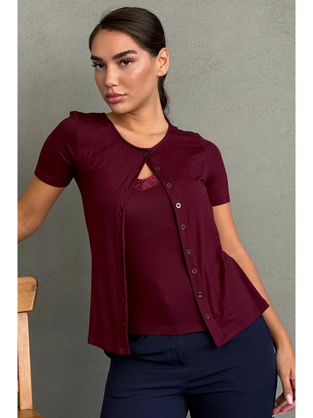Bordo Dantel Detaylı Slim Fit Kısa Kol Kadın Hırka Mg2710-1