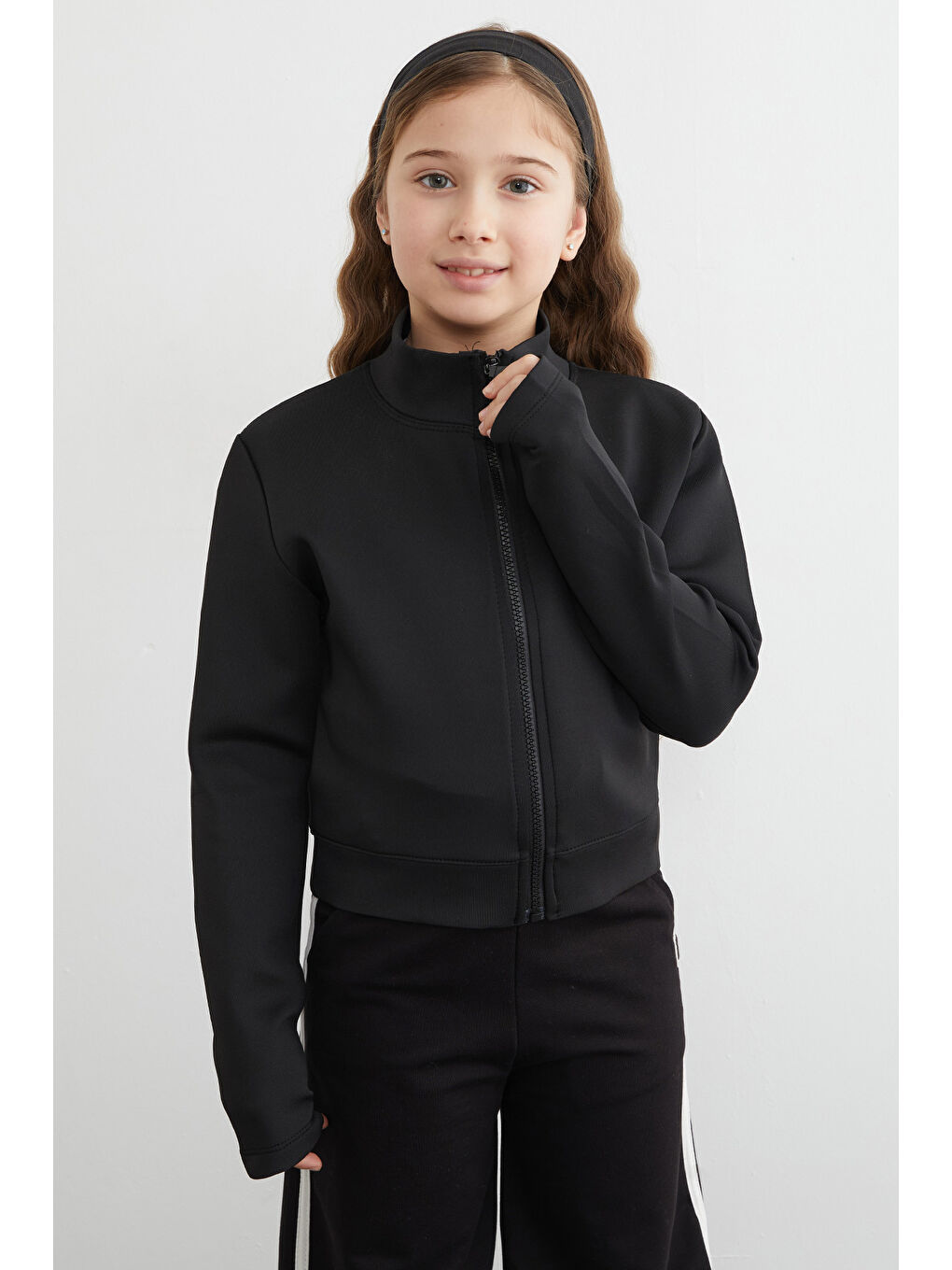 Siyah Fermuarlı Dalgıç Kumaş Kız Çocuk Sweatshirt-4