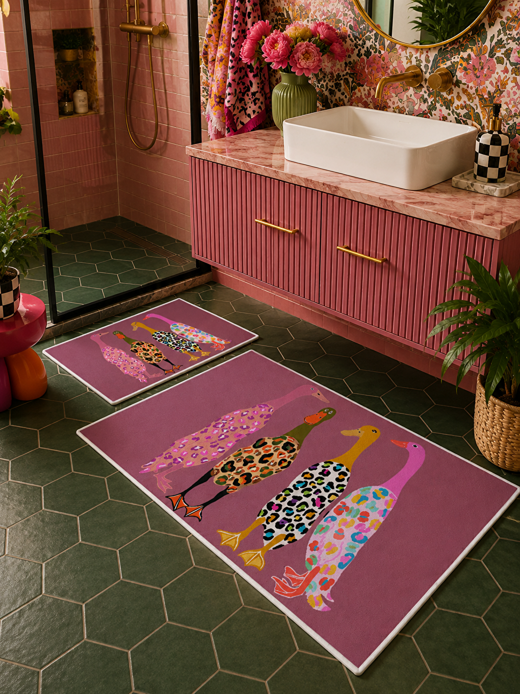 Pembe Leopar Kadın Figürlü Kaymaz Taban Banyo Paspası 2’li Set Dekoratif Banyo Halısı-6
