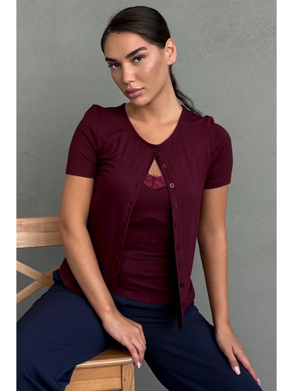 Bordo Dantel Detaylı Slim Fit Kısa Kol Kadın Hırka Mg2710-2