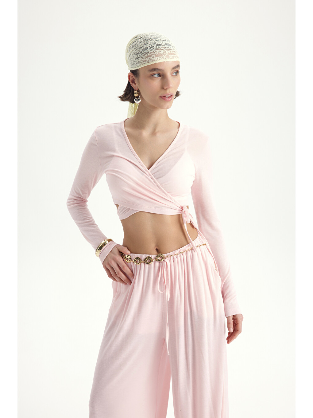 Vena Bağlamalı Pembe Crop Şalvar Pantolon Takım-5