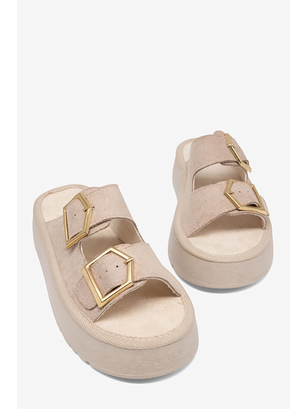 Kadın Bej Rahat Kalıp Yüksek Taban Tokalı Terlik-4