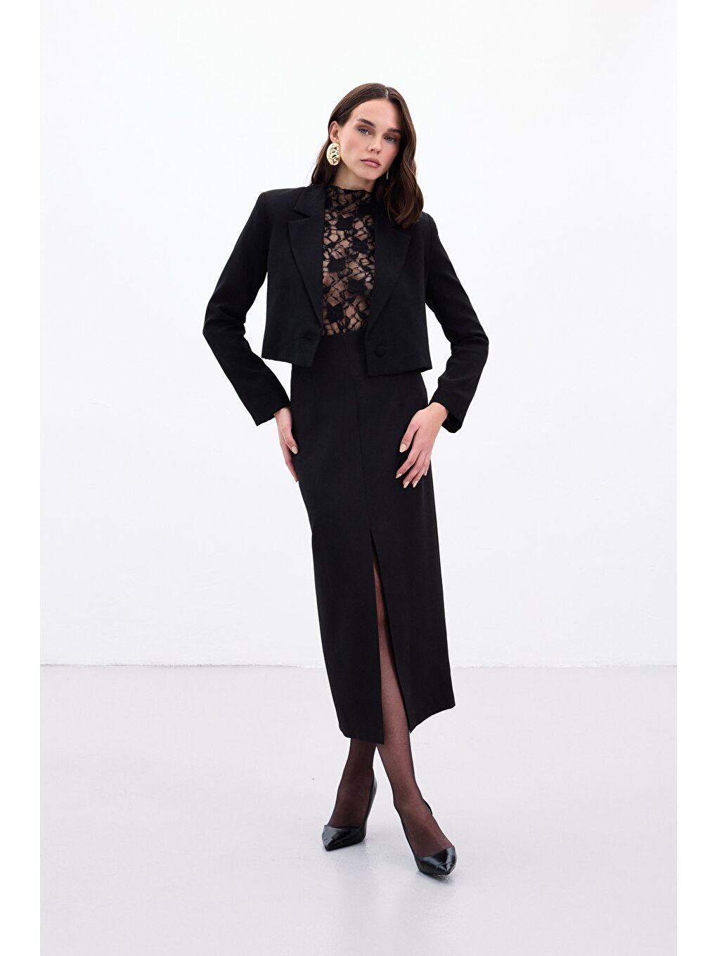 Yırtmaçlı Midi Etek - Siyah