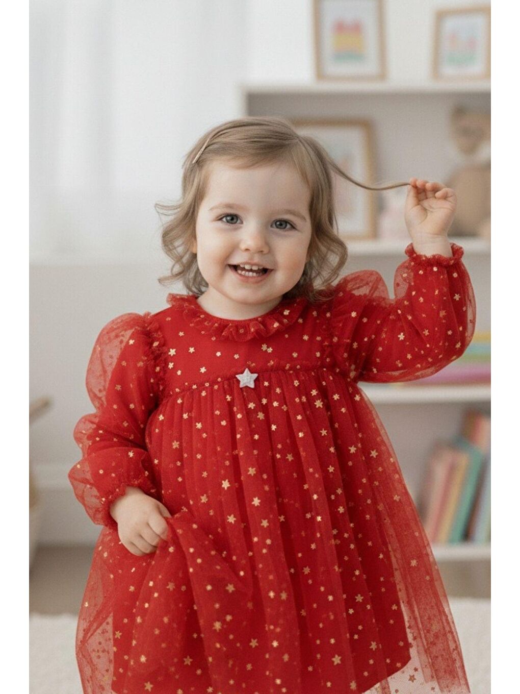 Kırmızı Kız Çocuk Yıldız Desenli Tül Elbise-1