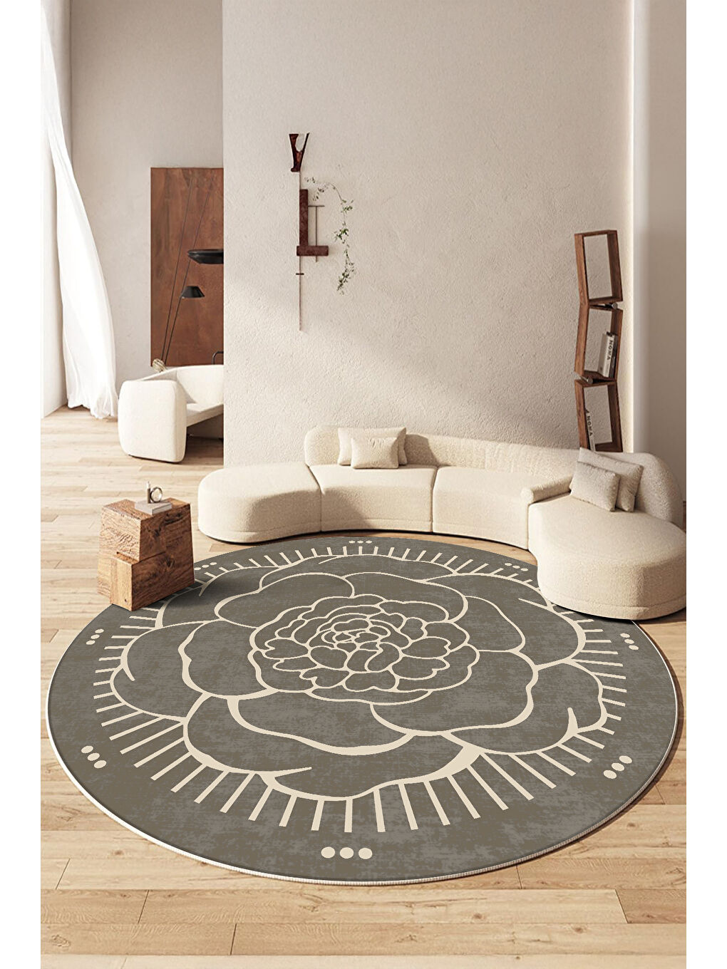 Kahverengi Dekoratif Salon Halısı, Makinada Yıkanabilir, Kaymaz Taban, İnce & Modern Tasarım-2