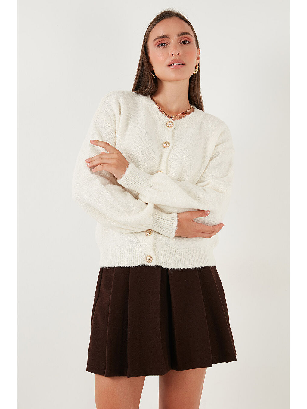 Ekru Premium Regular Fit Bisiklet Yaka Yumuşak Dokulu Hırka 680HI00147-4