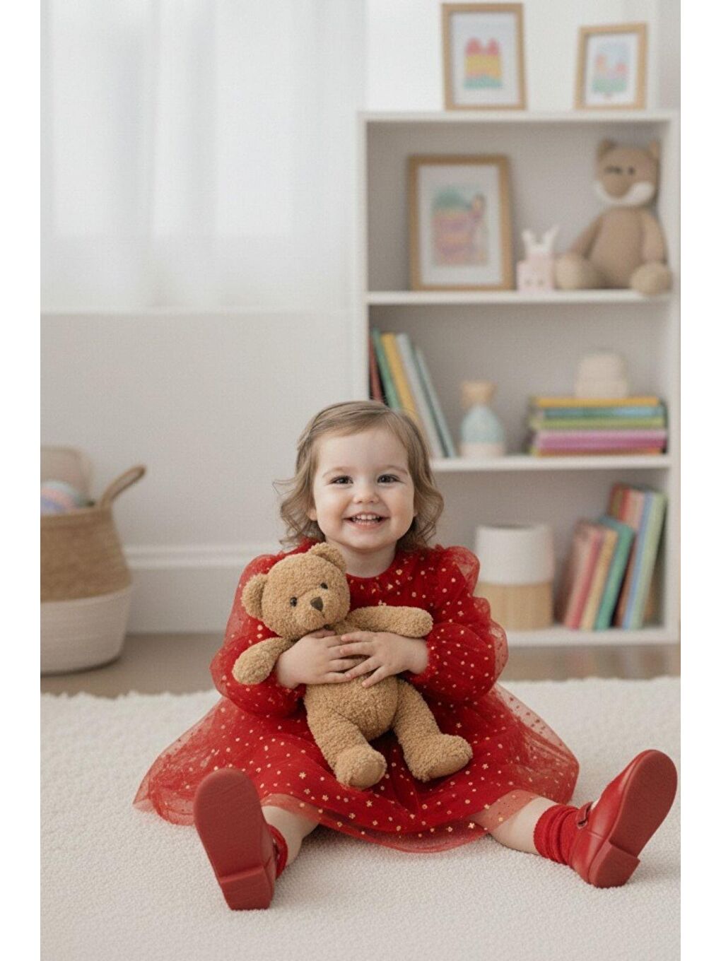 Kırmızı Kız Çocuk Yıldız Desenli Tül Elbise-2