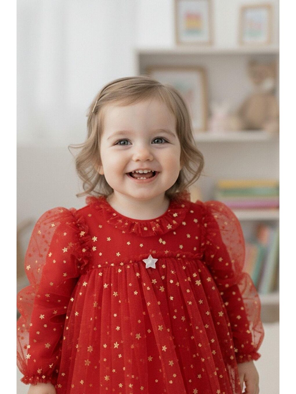 Kırmızı Kız Çocuk Yıldız Desenli Tül Elbise-3