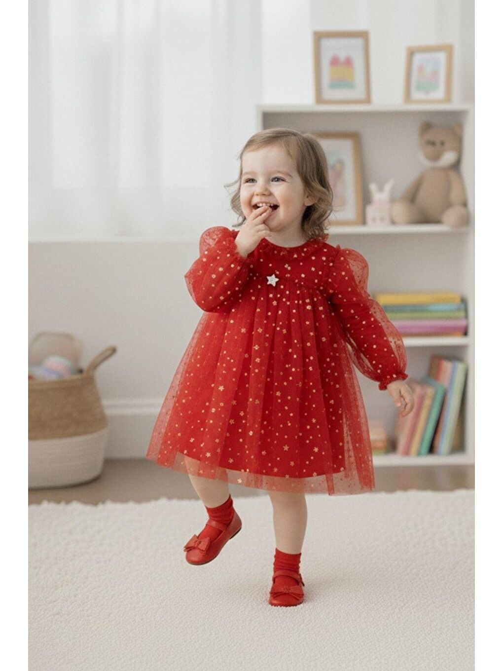 Kırmızı Kız Çocuk Yıldız Desenli Tül Elbise-4