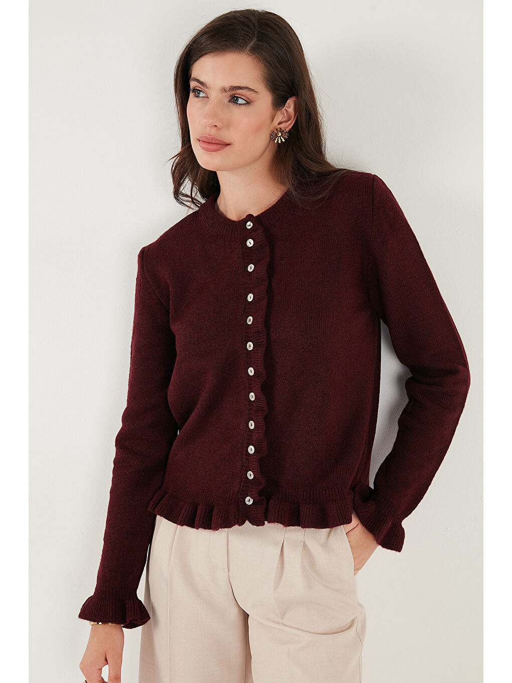 Bordo Premium Pile Detaylı Regular Fit Yuvarlak Yaka Kadın Triko Hırka 680HI00038-1