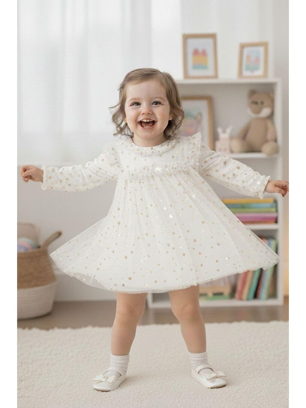 Beyaz Kız Çocuk Yıldız Desenli Tül Elbise