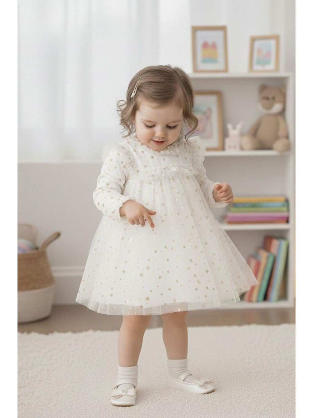 Beyaz Kız Çocuk Yıldız Desenli Tül Elbise-1