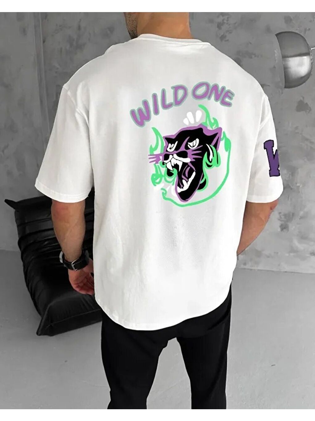 Unisex Bisiklet Yaka Baskılı Oversize T-Shirt - Beyaz-1