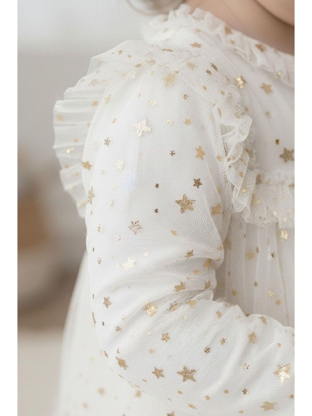Beyaz Kız Çocuk Yıldız Desenli Tül Elbise-2