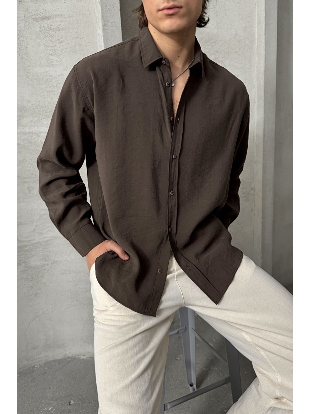 Kahverengi Erkek Oversize Modal Gömlek-1