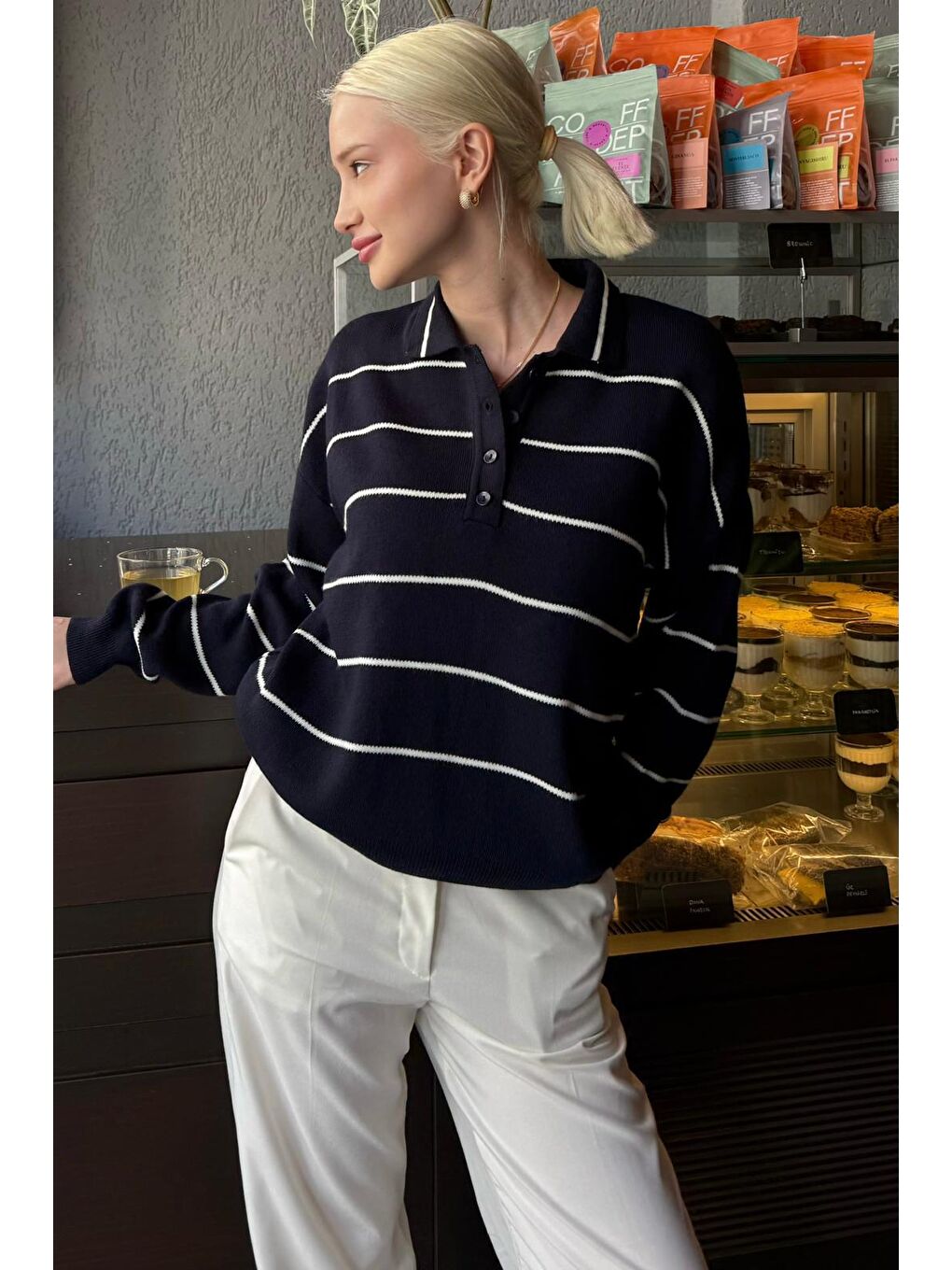 Lacivert Çizgili Polo Yaka Kadın Triko Kazak Mg2470