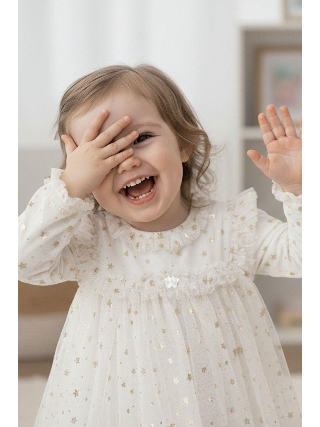 Beyaz Kız Çocuk Yıldız Desenli Tül Elbise-3