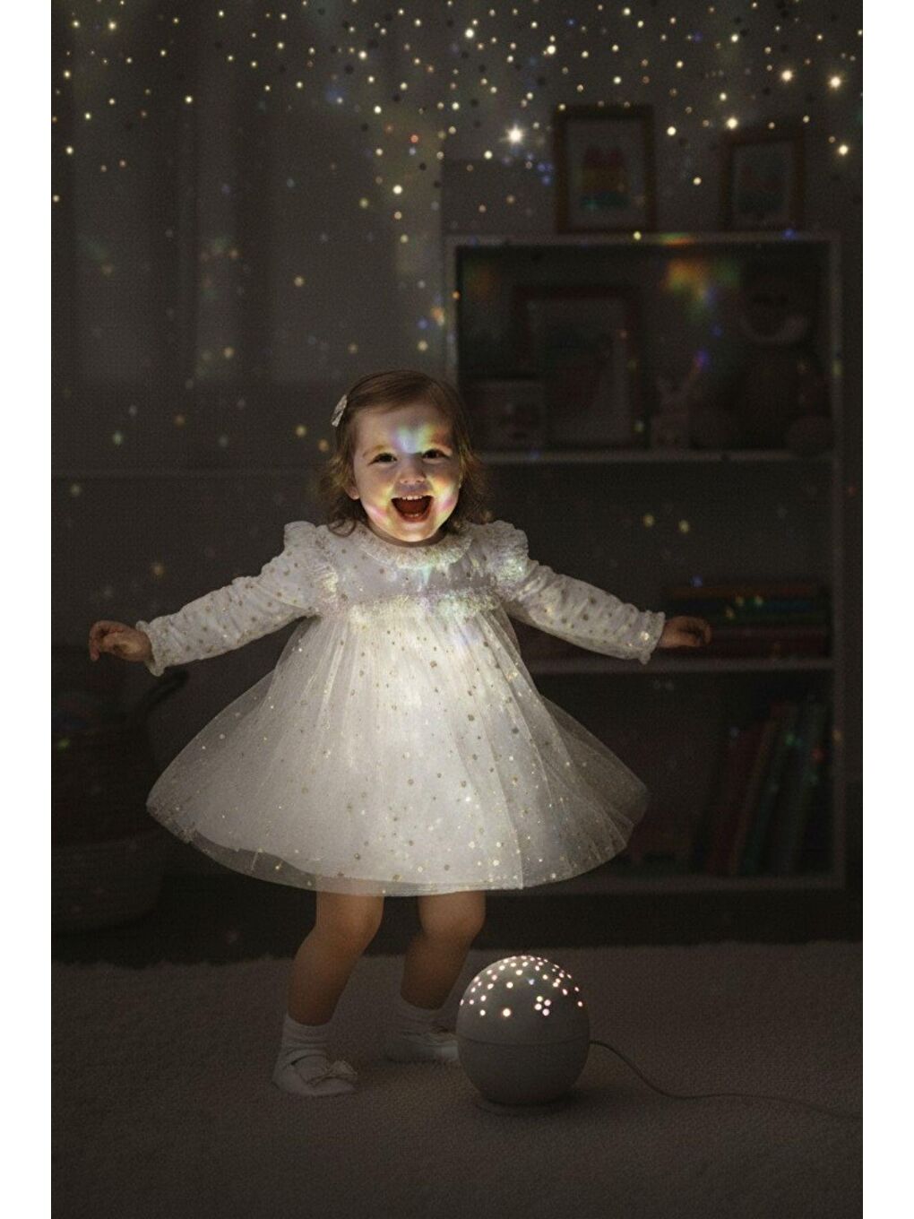 Beyaz Kız Çocuk Yıldız Desenli Tül Elbise-4