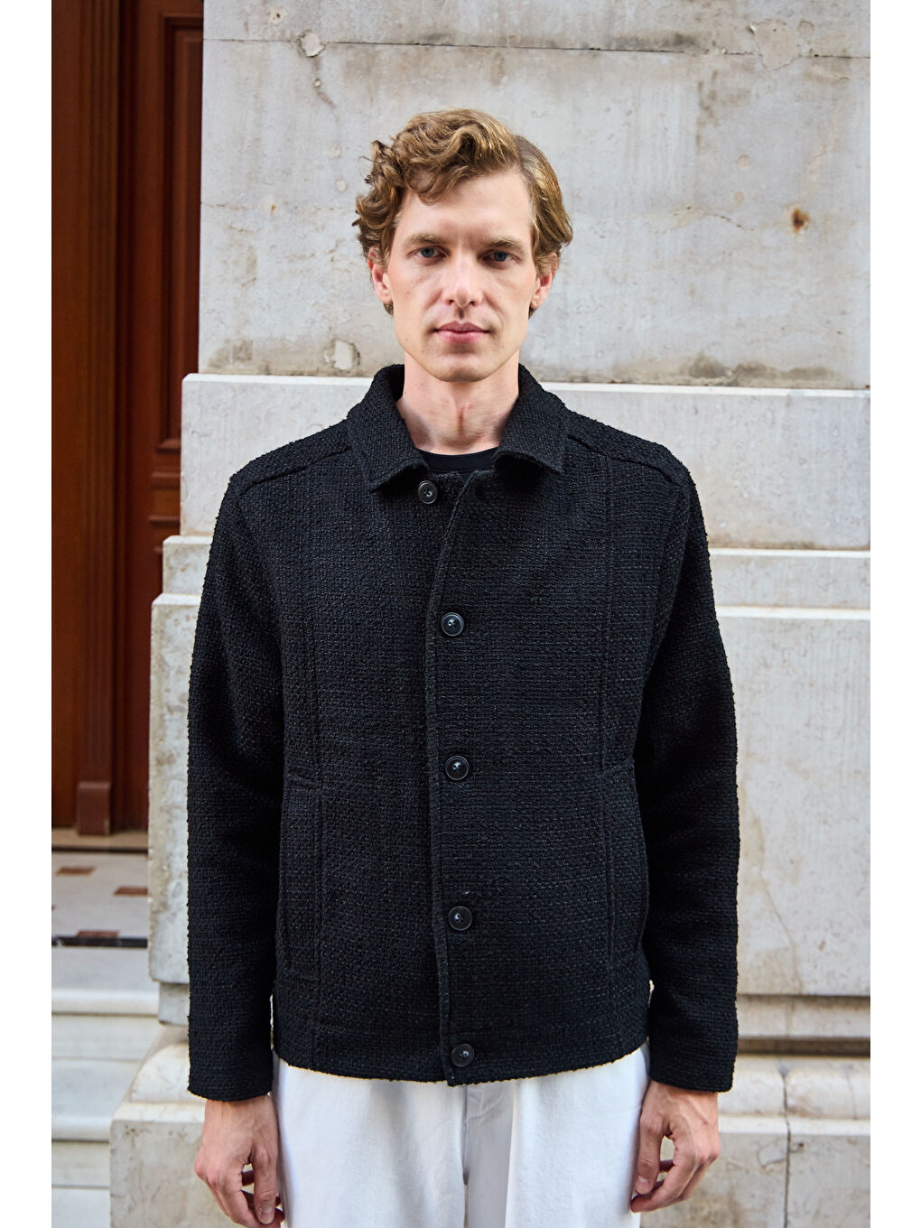 Erkek Tasarım Kumaş Teknik Mont Ceket Siyah-4