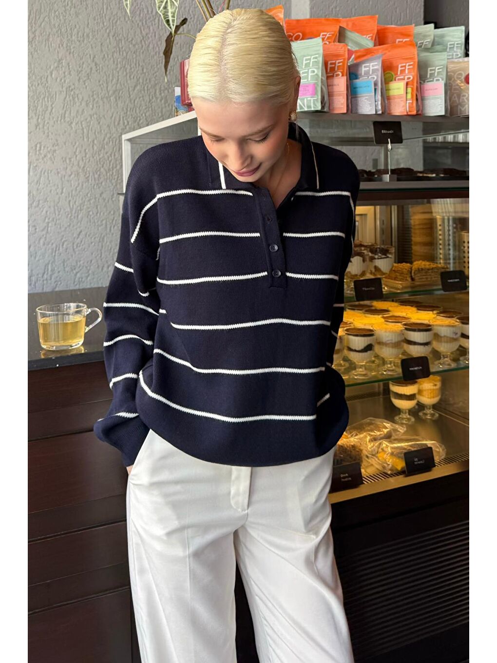 Lacivert Çizgili Polo Yaka Kadın Triko Kazak Mg2470-1