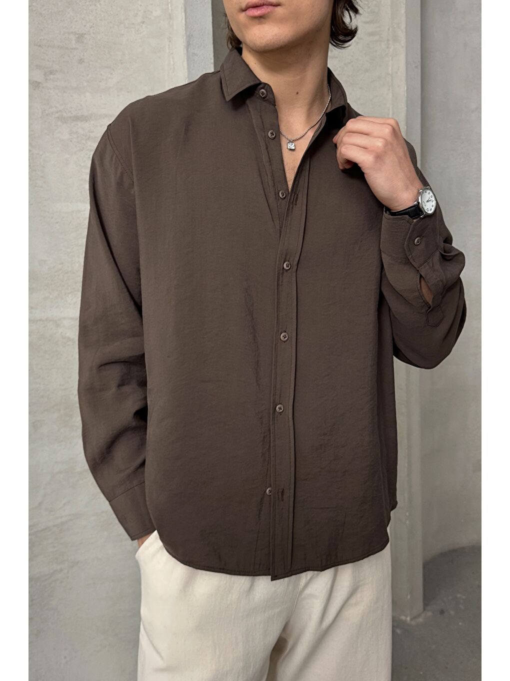 Kahverengi Erkek Oversize Modal Gömlek-2