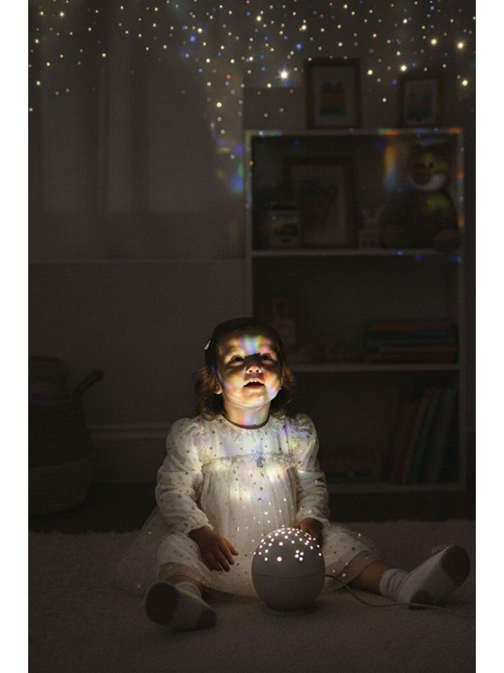 Beyaz Kız Çocuk Yıldız Desenli Tül Elbise-5