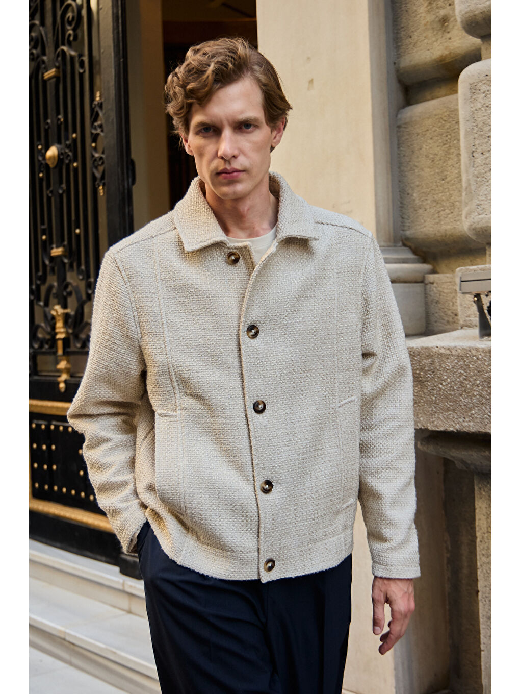 Erkek Tasarım Kumaş Teknik Mont Ceket Ekru-1