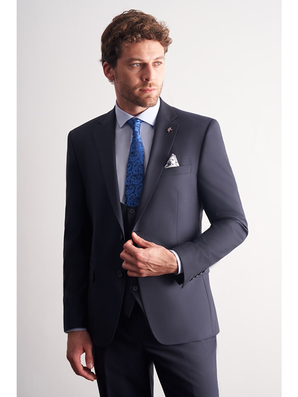 Lacivert Mono Yaka Yelekli 6 Drop Slim Fit Takım Elbise 1001260186-1