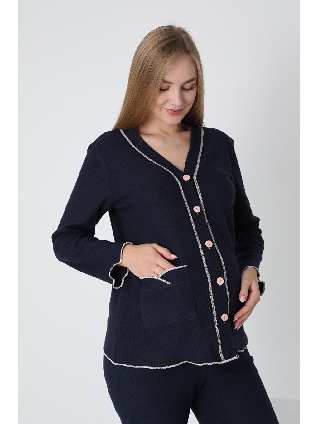 Lacivert Önden Düğmeli Ayarlanabilir Bel Kol ve Paça Fırfır Detaylı Hamile Pijama Takımı-4