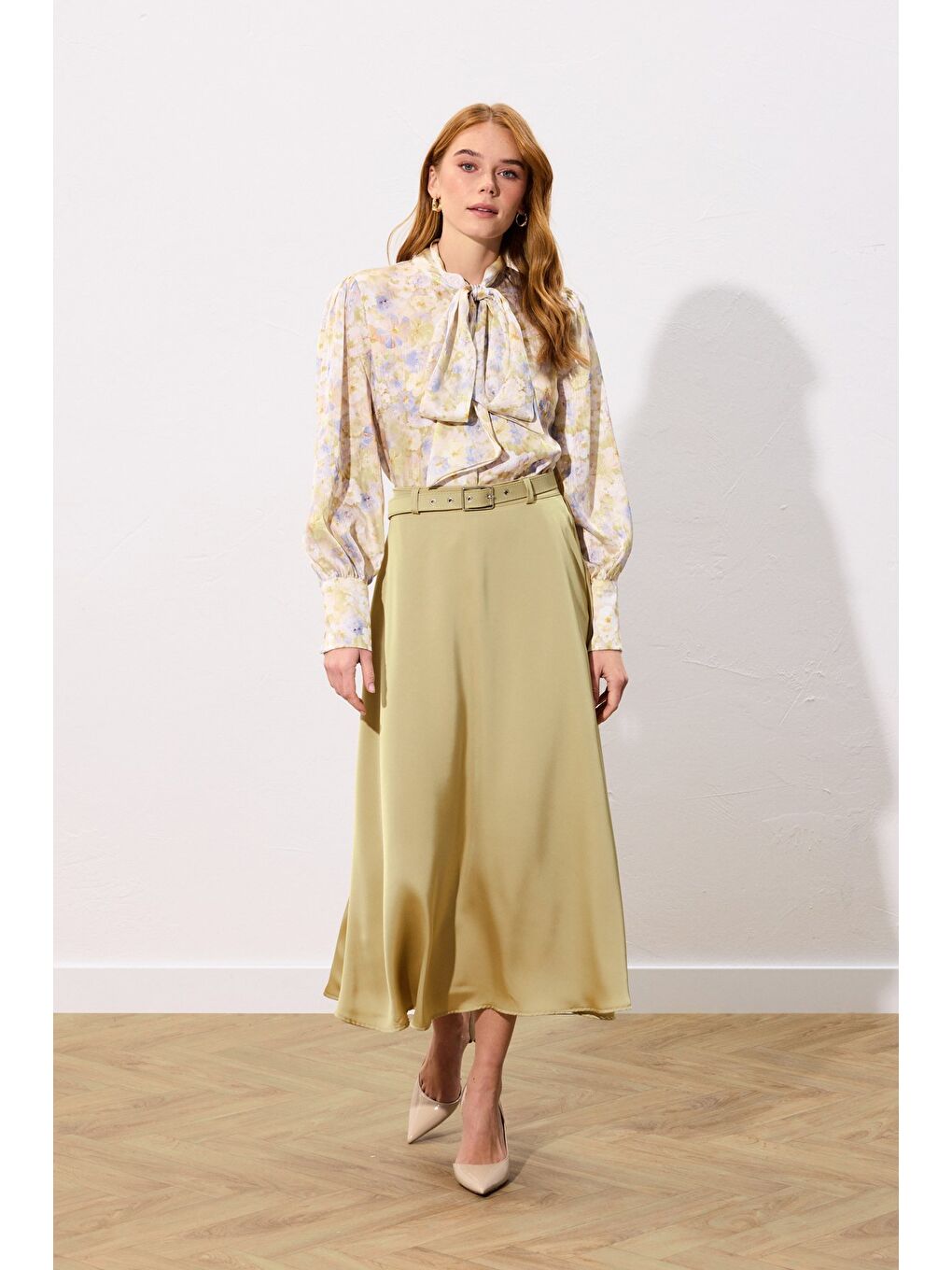 Yeşil Kemerli Saten Etek - Olive