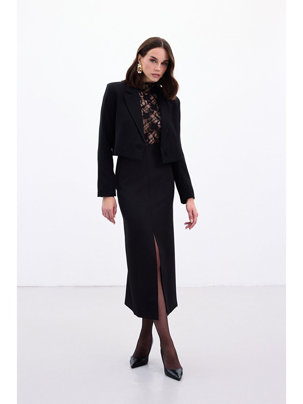 Yırtmaçlı Midi Etek - Siyah-4