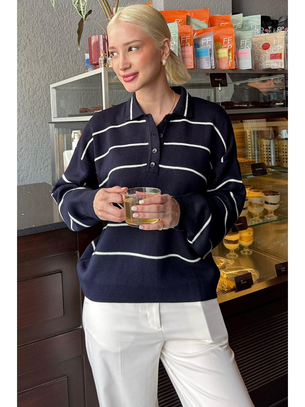 Lacivert Çizgili Polo Yaka Kadın Triko Kazak Mg2470-3