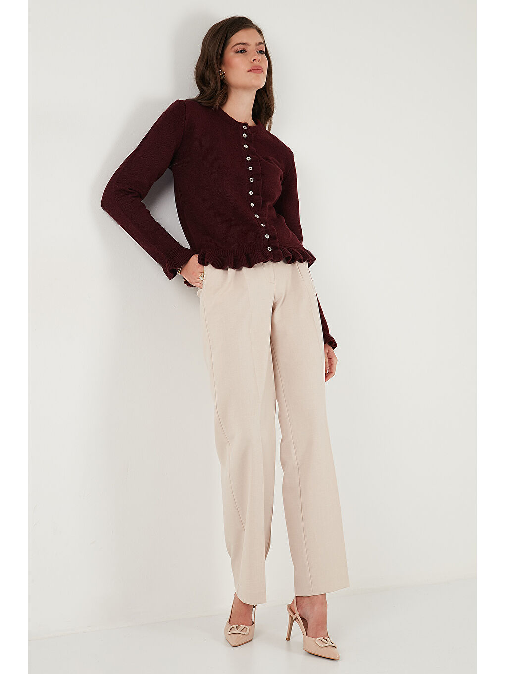 Bordo Premium Pile Detaylı Regular Fit Yuvarlak Yaka Kadın Triko Hırka 680HI00038-2