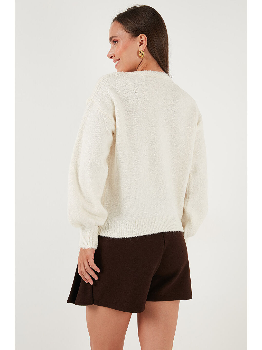 Ekru Premium Regular Fit Bisiklet Yaka Yumuşak Dokulu Hırka 680HI00147-6