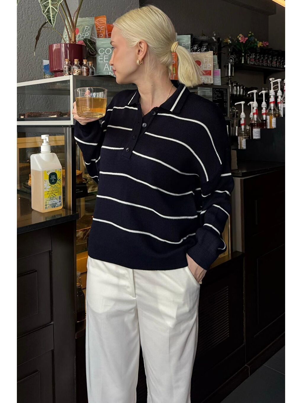 Lacivert Çizgili Polo Yaka Kadın Triko Kazak Mg2470-4