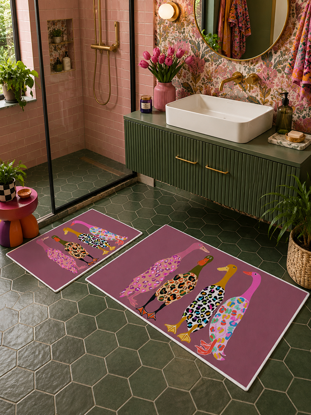 Pembe Leopar Kadın Figürlü Kaymaz Taban Banyo Paspası 2’li Set Dekoratif Banyo Halısı-7