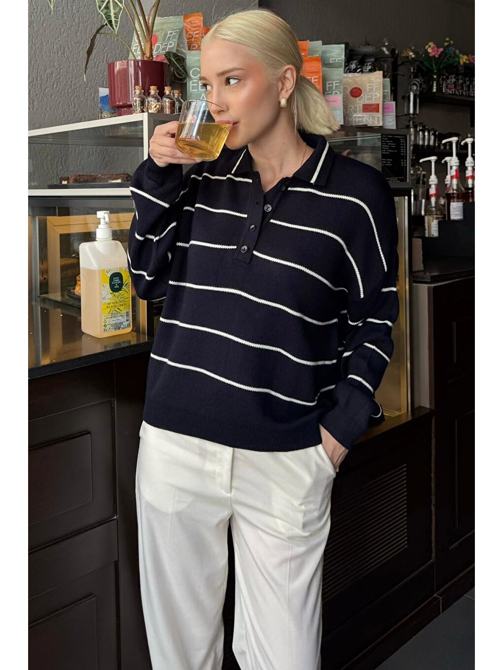 Lacivert Çizgili Polo Yaka Kadın Triko Kazak Mg2470-5