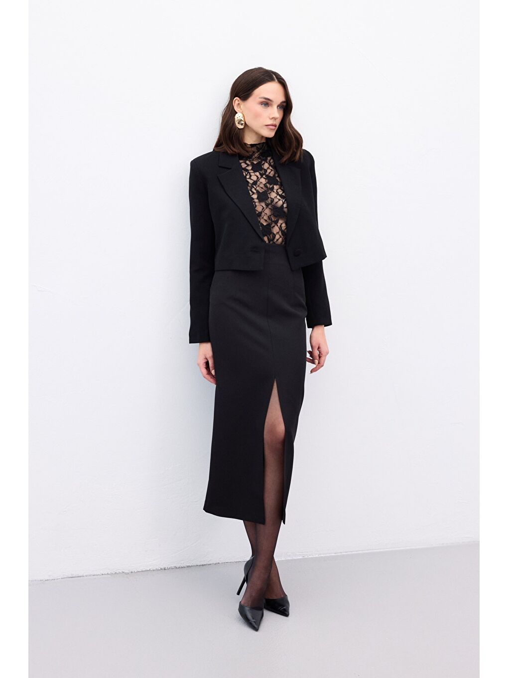 Yırtmaçlı Midi Etek - Siyah-5