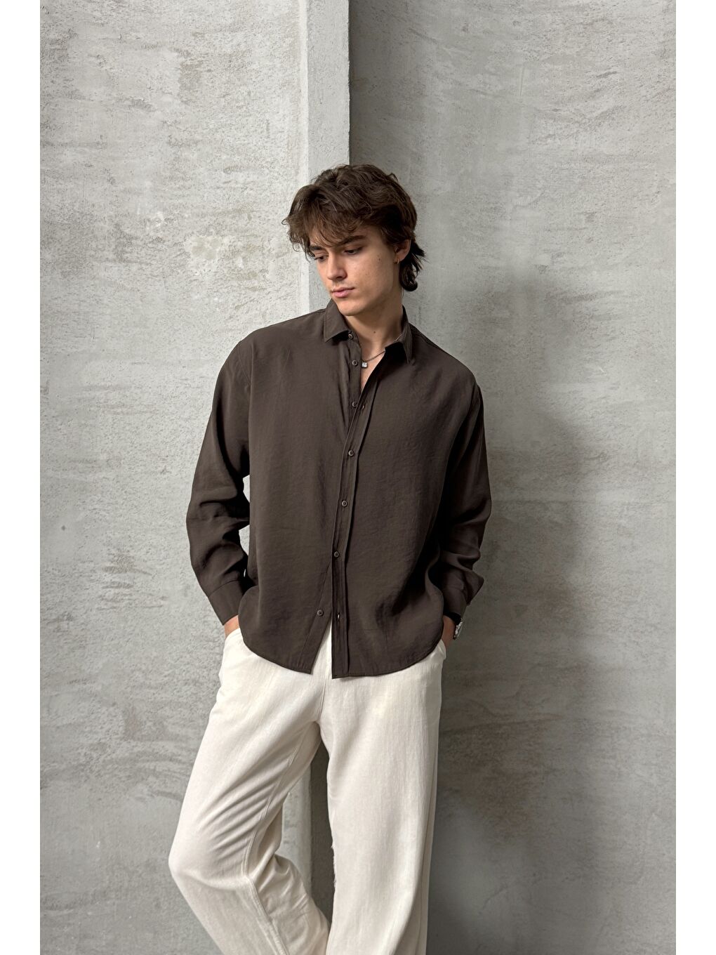 Kahverengi Erkek Oversize Modal Gömlek-4