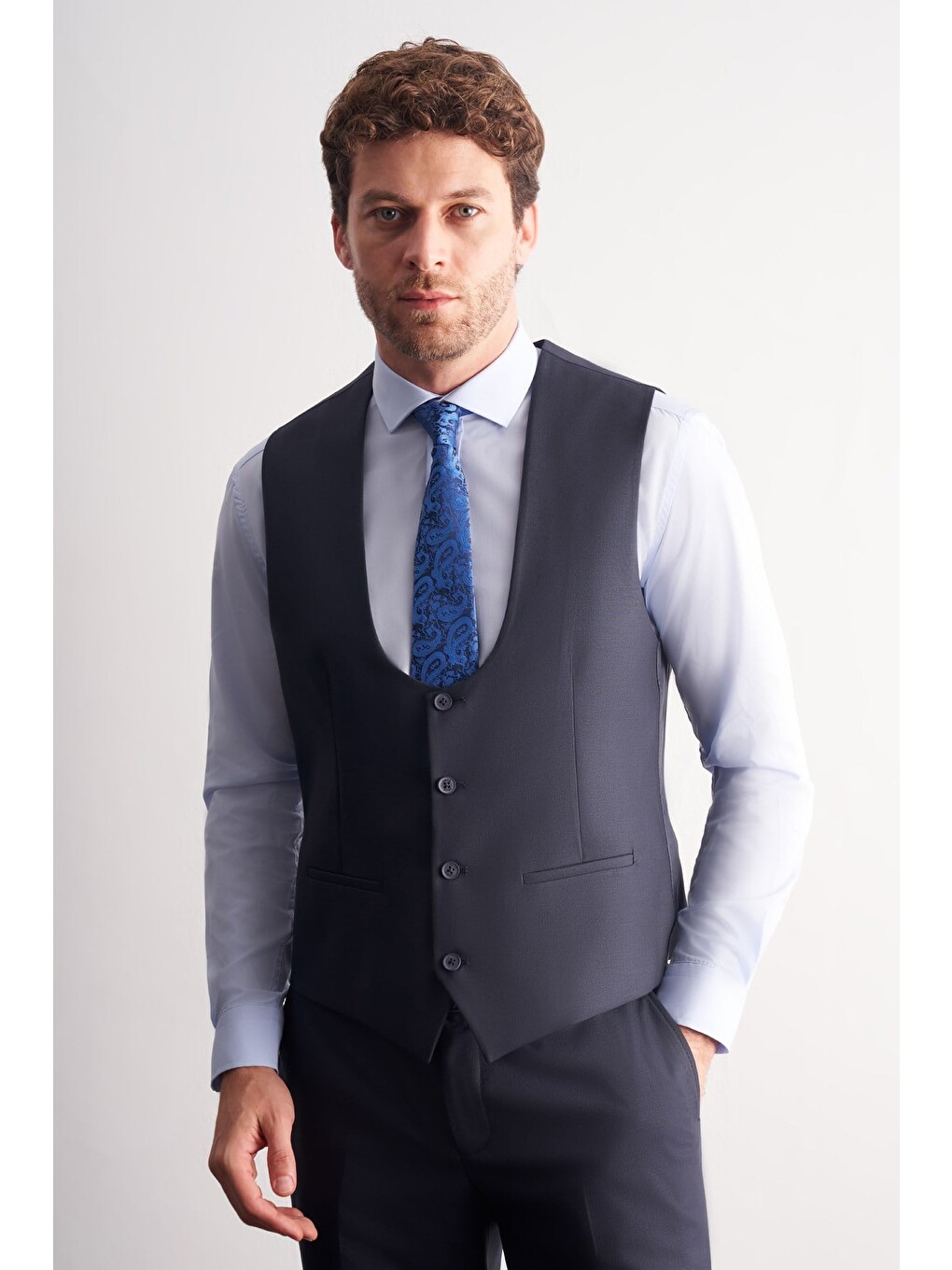Lacivert Mono Yaka Yelekli 6 Drop Slim Fit Takım Elbise 1001260186-2