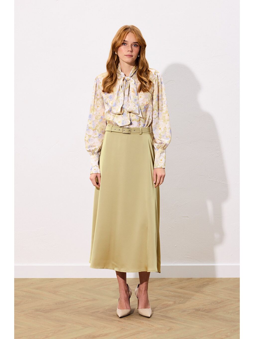 Yeşil Kemerli Saten Etek - Olive-1
